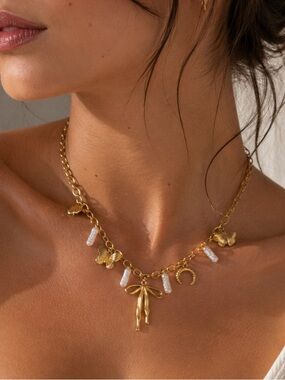 18K Gold Plated Bow And Charm Necklace